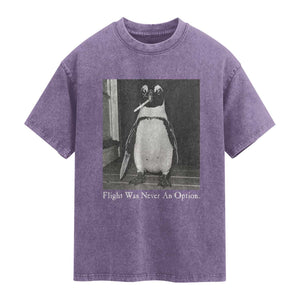 Flight Was Never An Option Penguin Knife Cigarette Graphic Washed Cotton T-Shirt Funny Absurdist Meme