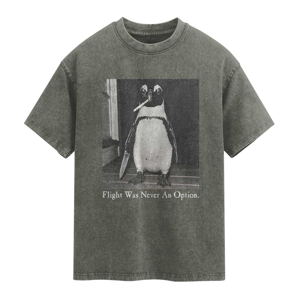 Flight Was Never An Option Penguin Knife Cigarette Graphic Washed Cotton T-Shirt Funny Absurdist Meme