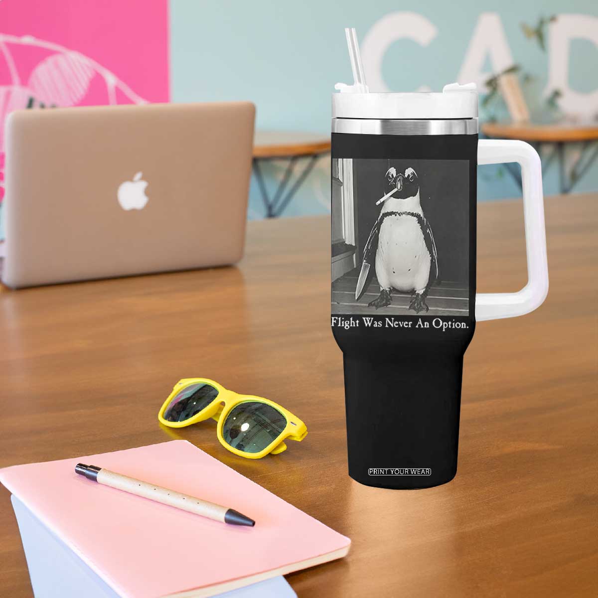 Flight Was Never An Option Penguin Knife Cigarette Graphic Tumbler With Handle Funny Absurdist Meme