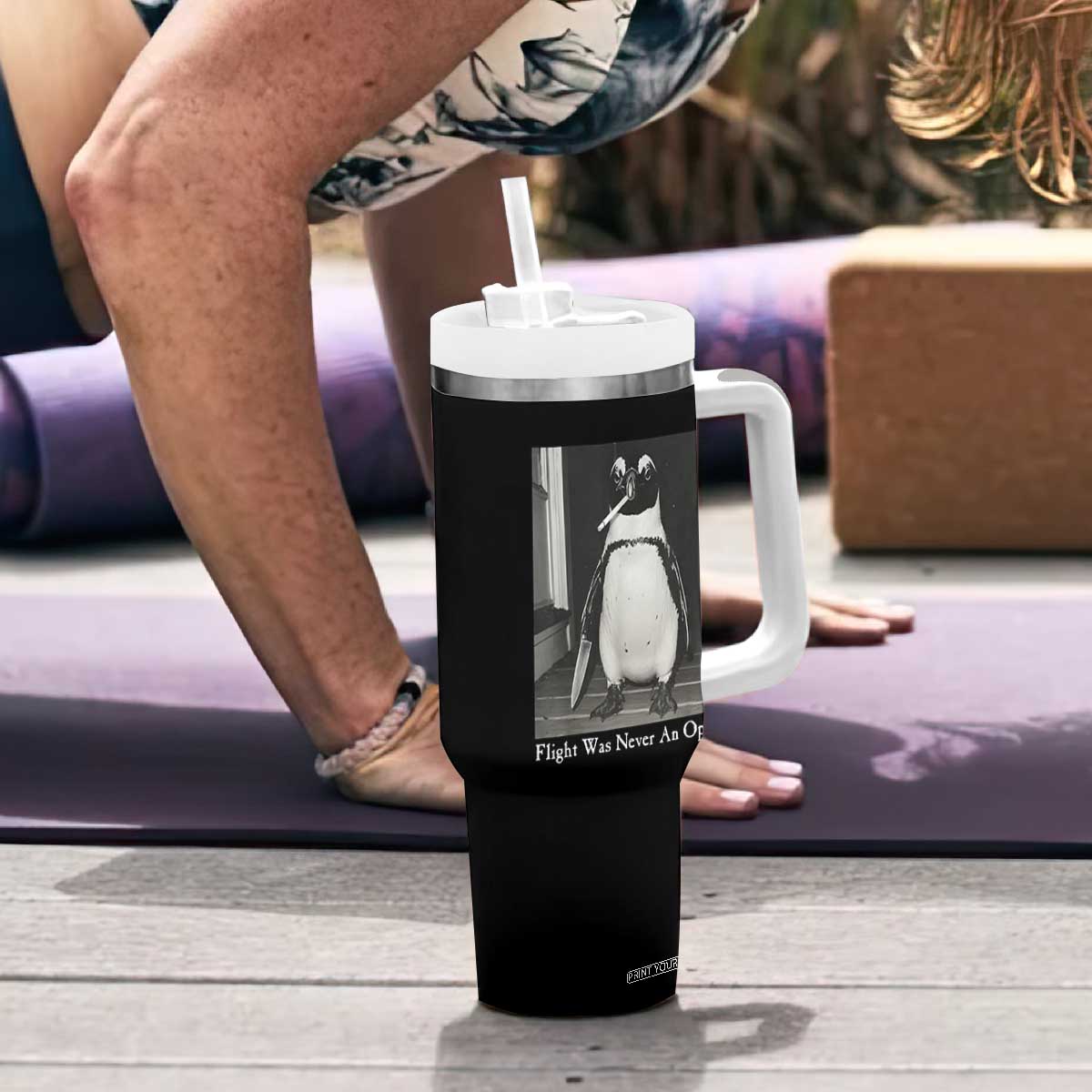 Flight Was Never An Option Penguin Knife Cigarette Graphic Tumbler With Handle Funny Absurdist Meme