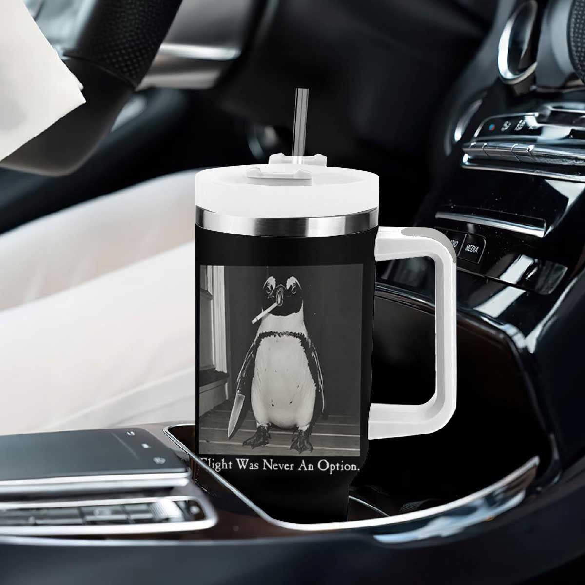 Flight Was Never An Option Penguin Knife Cigarette Graphic Tumbler With Handle Funny Absurdist Meme