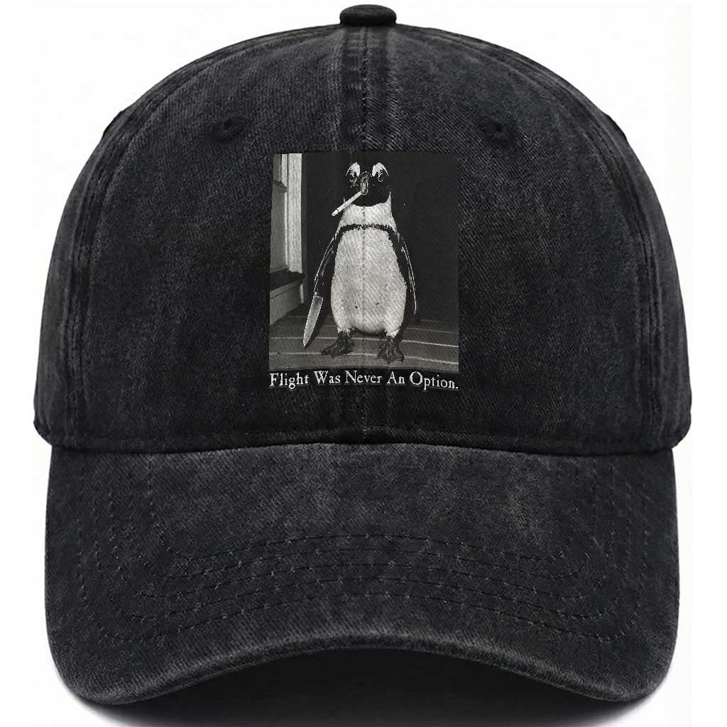 Flight Was Never An Option Penguin Knife Cigarette Graphic Washed Cotton Baseball Cap Funny Absurdist Meme