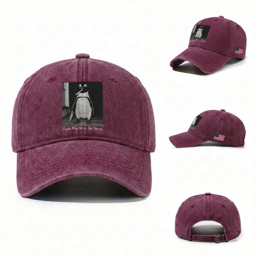 Flight Was Never An Option Penguin Knife Cigarette Graphic Washed Cotton Baseball Cap Funny Absurdist Meme