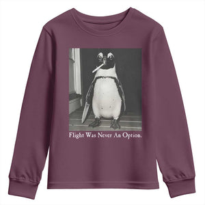 Flight Was Never An Option Penguin Knife Cigarette Graphic Youth Sweatshirt Funny Absurdist Meme