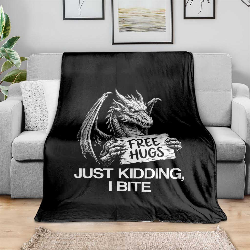 Free Hugs Just Kidding I Bite Fantasy Dragon Throw Blanket Sarcastic Introvert Humor