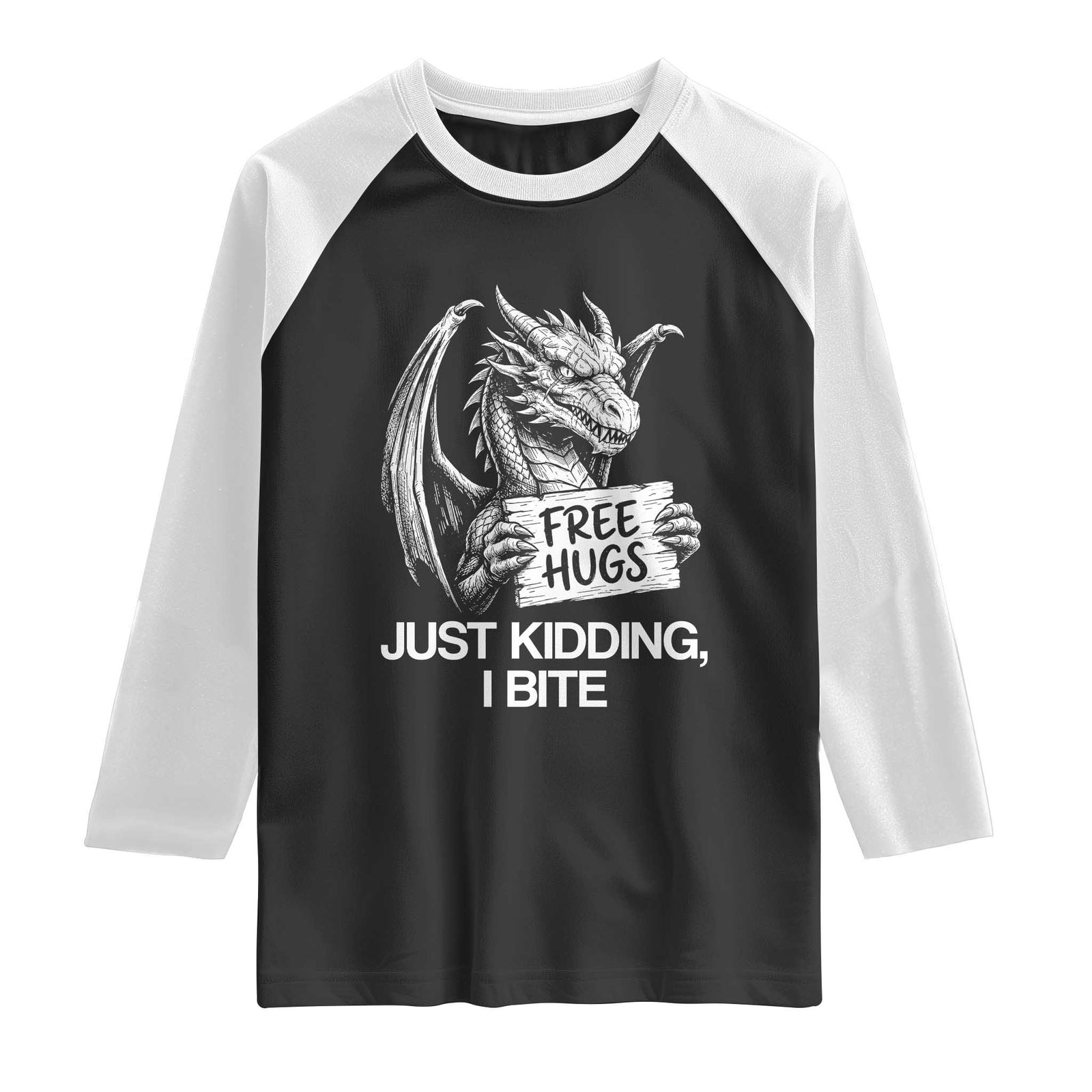 Free Hugs Just Kidding I Bite Fantasy Dragon Raglan Shirt Sarcastic Introvert Humor