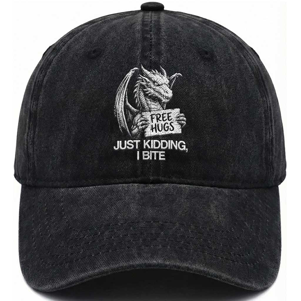 Free Hugs Just Kidding I Bite Fantasy Dragon Washed Cotton Baseball Cap Sarcastic Introvert Humor