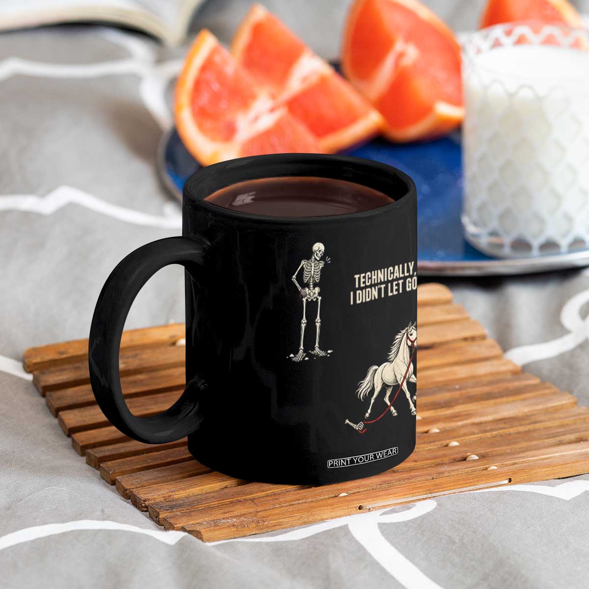 Funny Skeleton Horse Riding Humor Coffee Mug Technically I Didnt Let Go Equestrian Gift