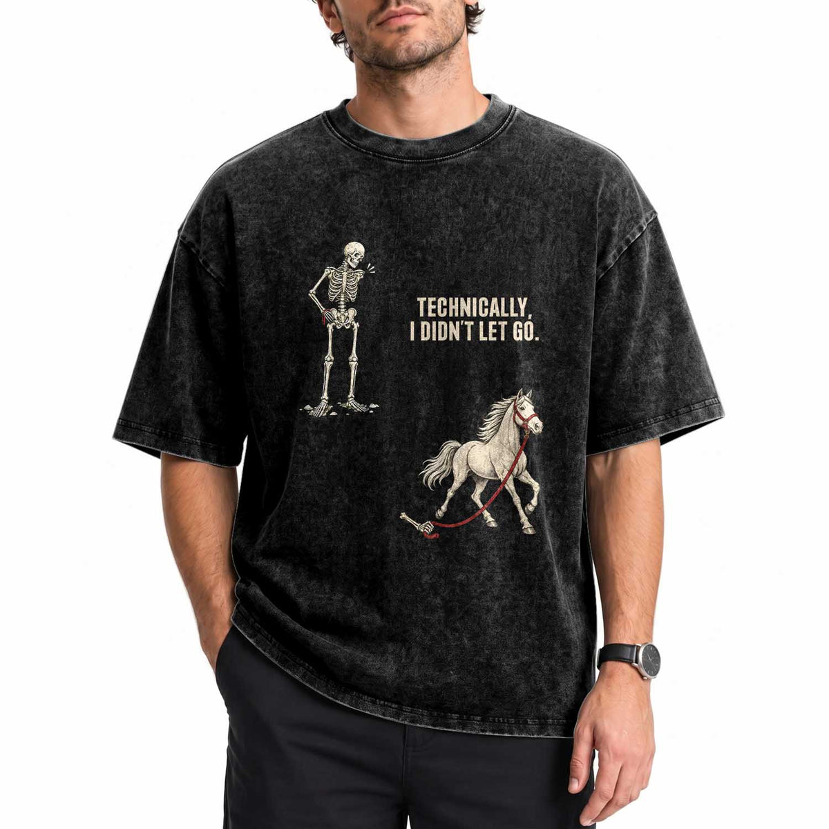Funny Skeleton Horse Riding Humor Washed Cotton T-Shirt Technically I Didnt Let Go Equestrian Gift