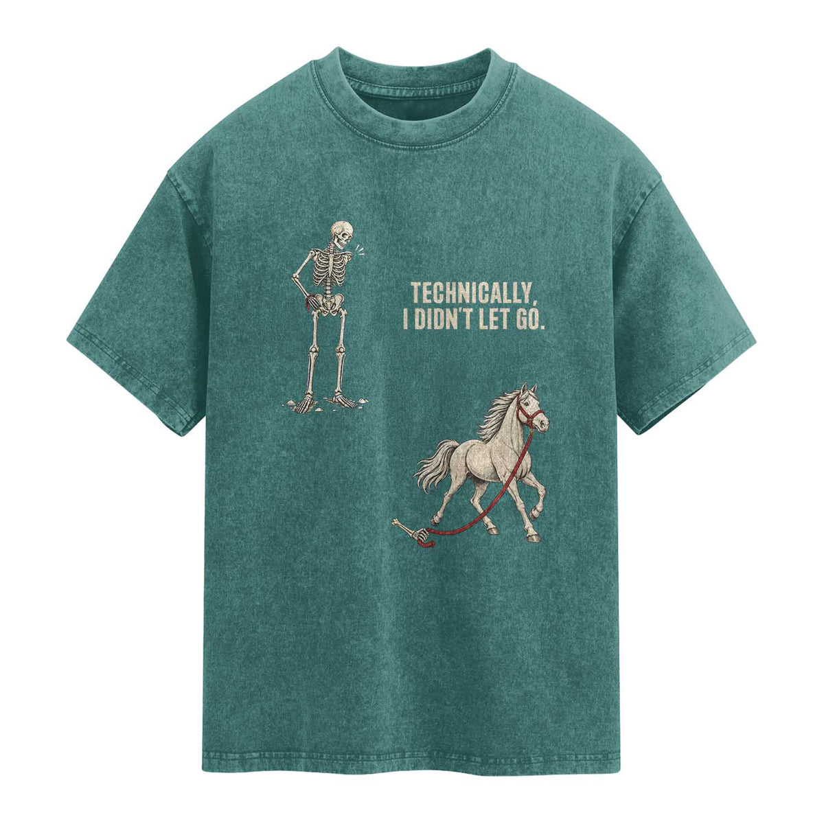 Funny Skeleton Horse Riding Humor Washed Cotton T-Shirt Technically I Didnt Let Go Equestrian Gift