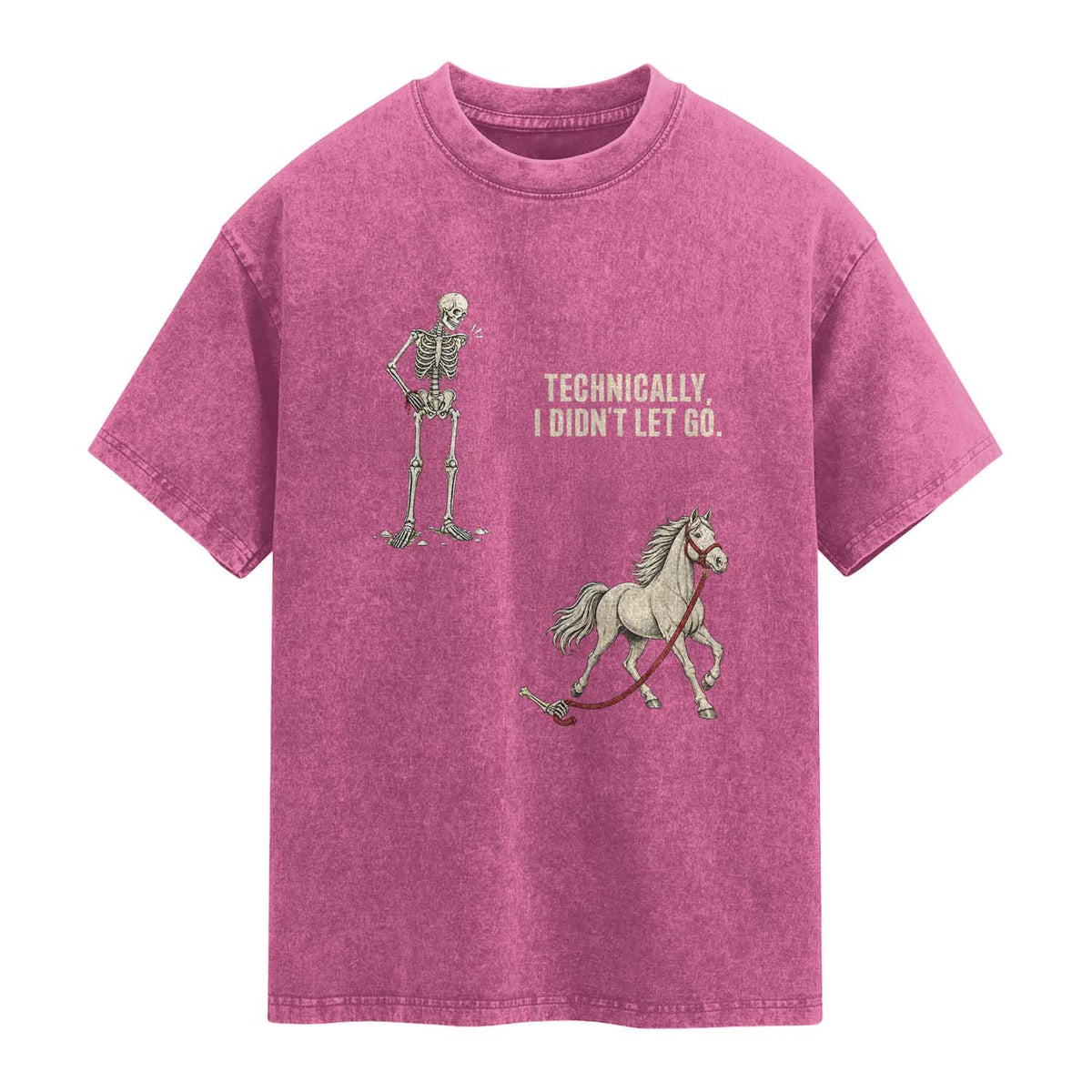 Funny Skeleton Horse Riding Humor Washed Cotton T-Shirt Technically I Didnt Let Go Equestrian Gift