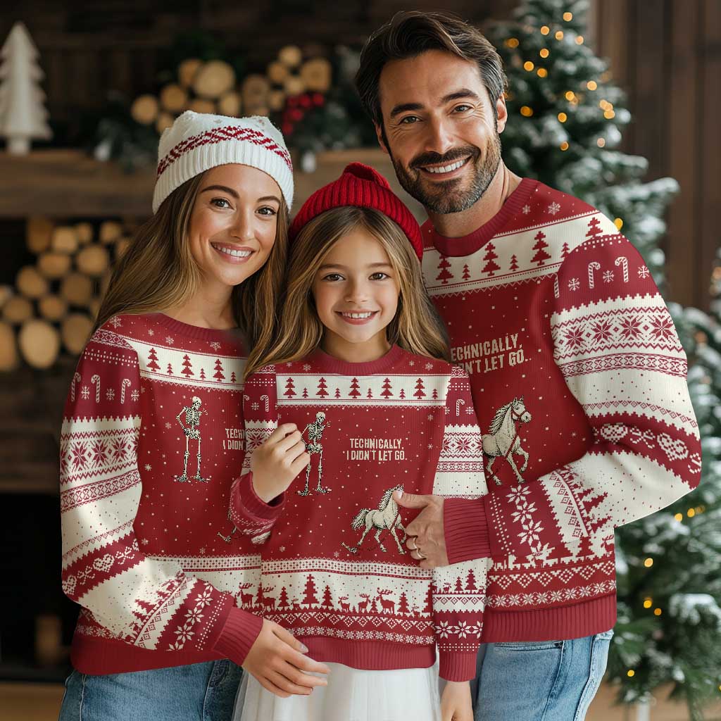 Funny Skeleton Horse Riding Humor Ugly Christmas Sweater Technically I Didnt Let Go Equestrian Gift