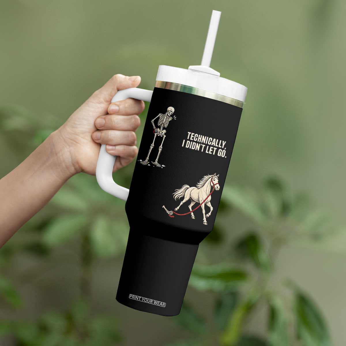 Funny Skeleton Horse Riding Humor Tumbler With Handle Technically I Didnt Let Go Equestrian Gift