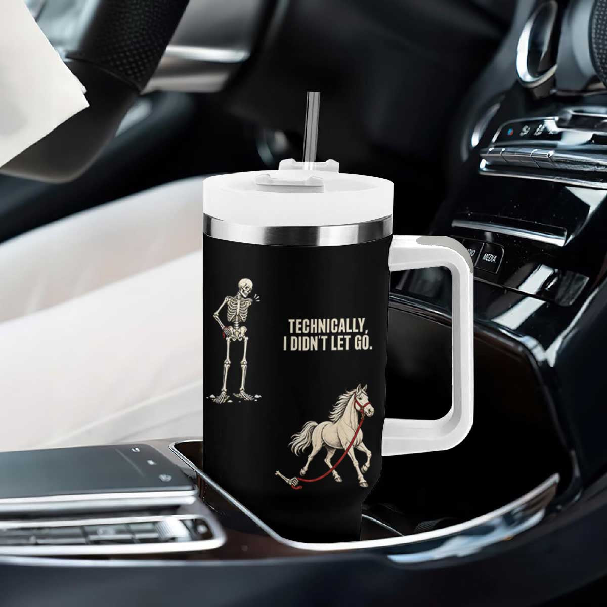 Funny Skeleton Horse Riding Humor Tumbler With Handle Technically I Didnt Let Go Equestrian Gift