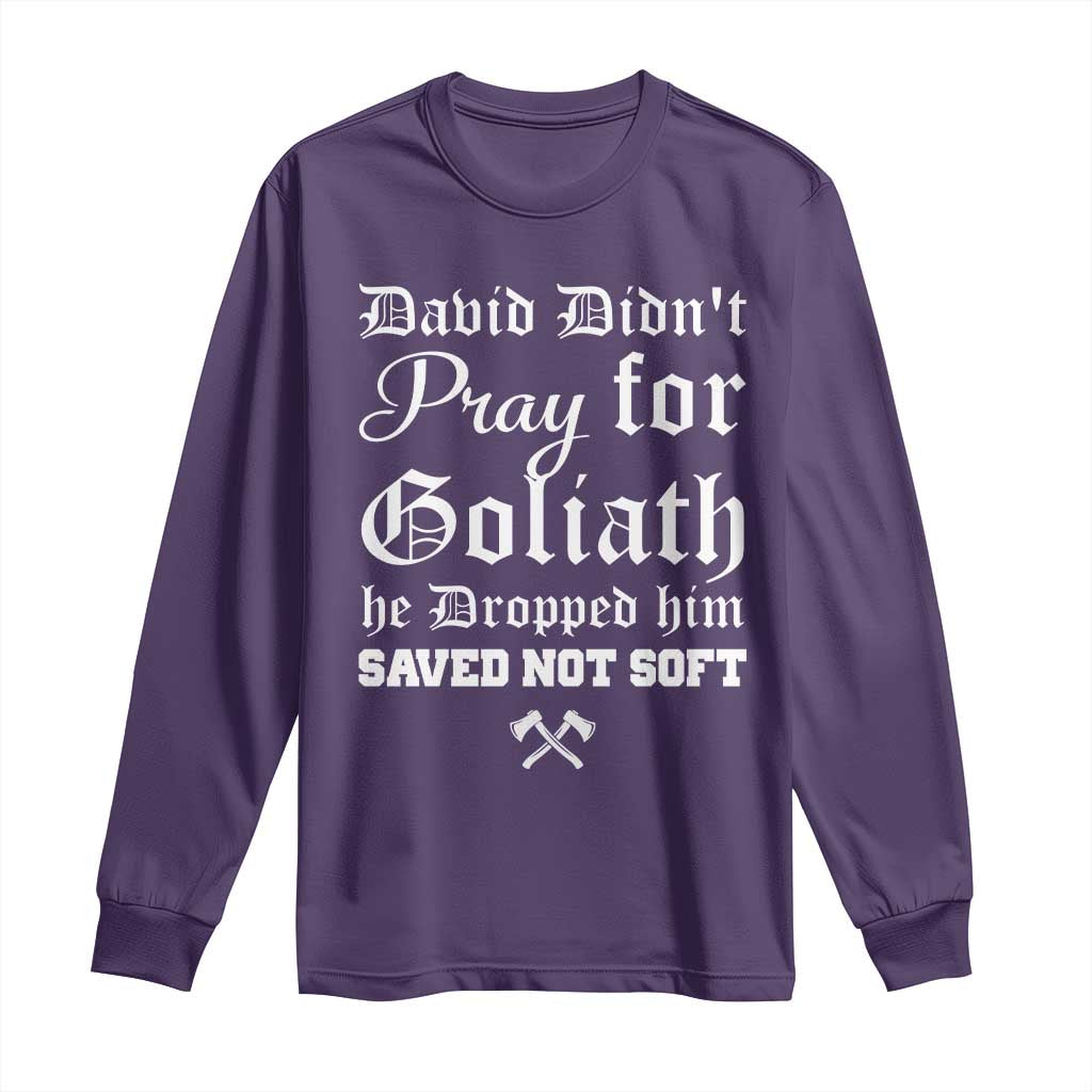 Bold Christian Warrior Faith Long Sleeve Shirt David Didnt Pray For Goliath He Dropped Him Saved Not Sof