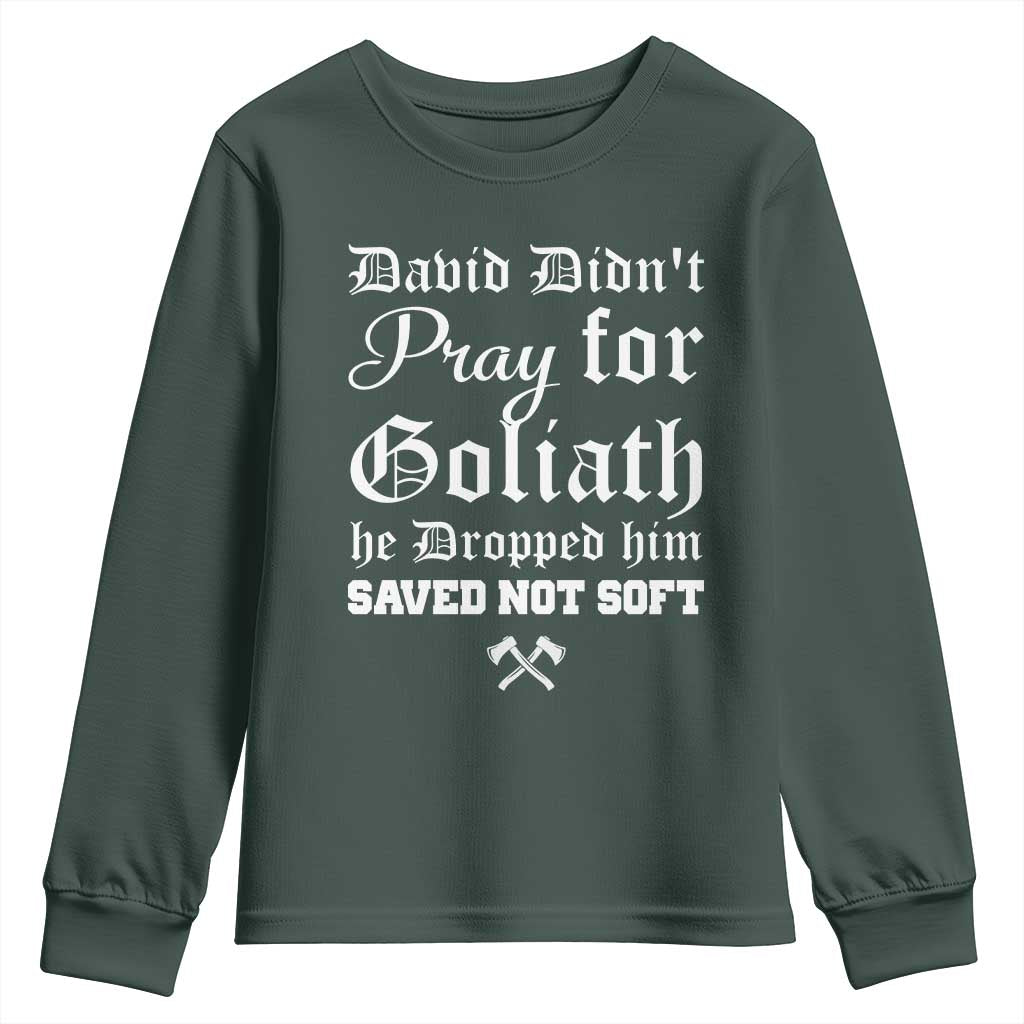 Bold Christian Warrior Faith Youth Sweatshirt David Didnt Pray For Goliath He Dropped Him Saved Not Sof