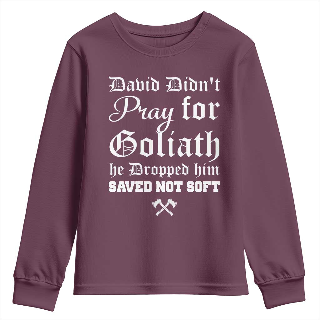 Bold Christian Warrior Faith Youth Sweatshirt David Didnt Pray For Goliath He Dropped Him Saved Not Sof