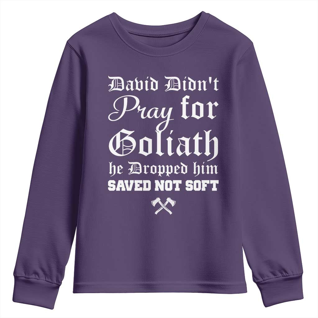 Bold Christian Warrior Faith Youth Sweatshirt David Didnt Pray For Goliath He Dropped Him Saved Not Sof