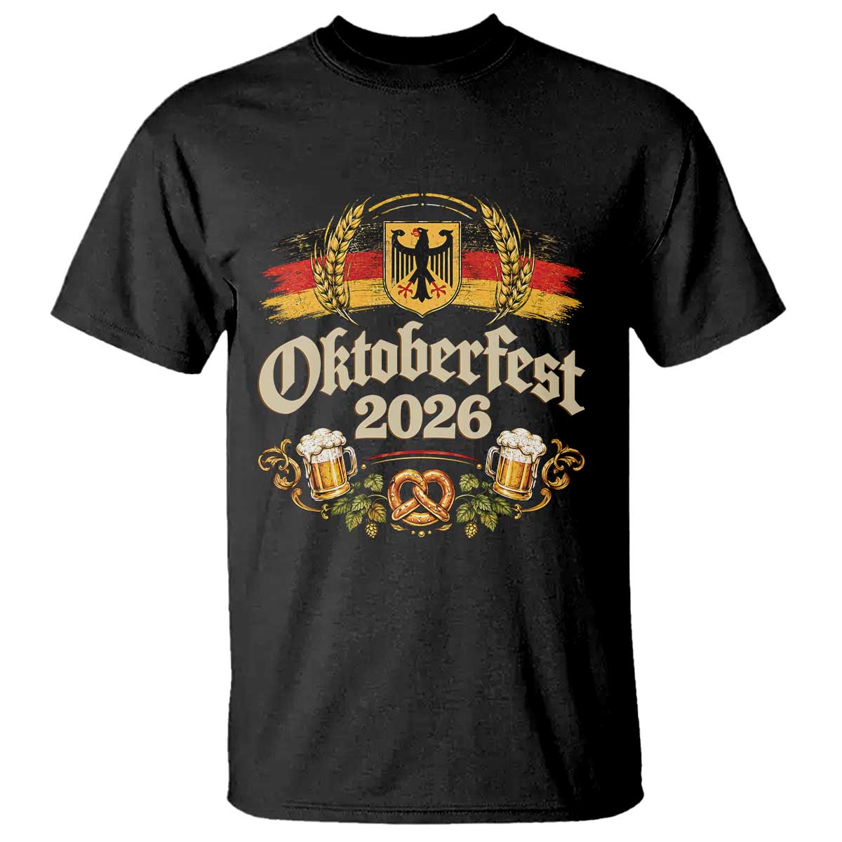 Oktoberfest 2026 German Flag Pretzel Beer Mug Graphic T Shirt Vintage Bavarian Festival