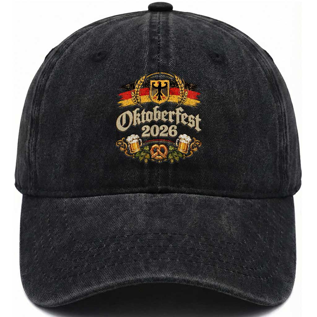 Oktoberfest 2026 German Flag Pretzel Beer Mug Graphic Washed Cotton Baseball Cap Vintage Bavarian Festival