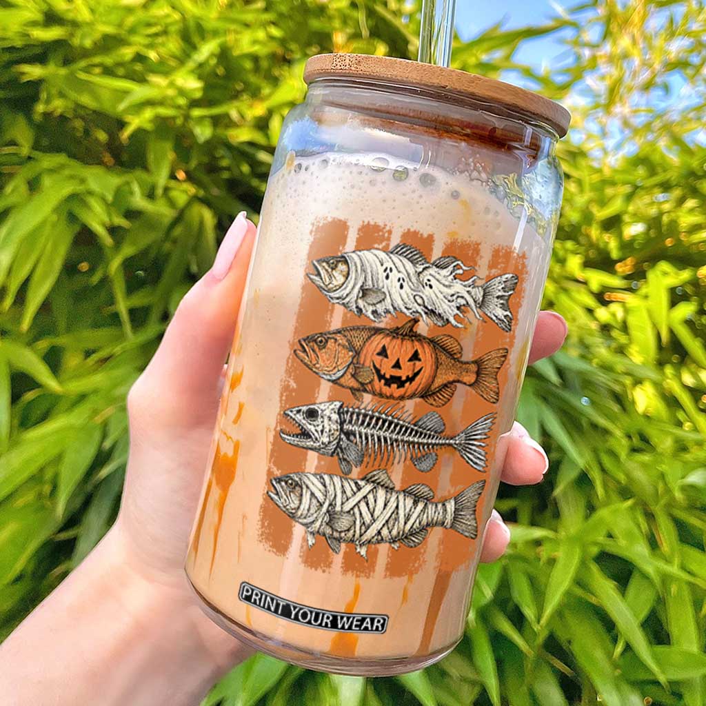 Vintage Fish Ghost Skeleton Pumpkin Mummy Preppy Aesthetic Glass Can Spooky Fishing Halloween Costume Fisherman Gift