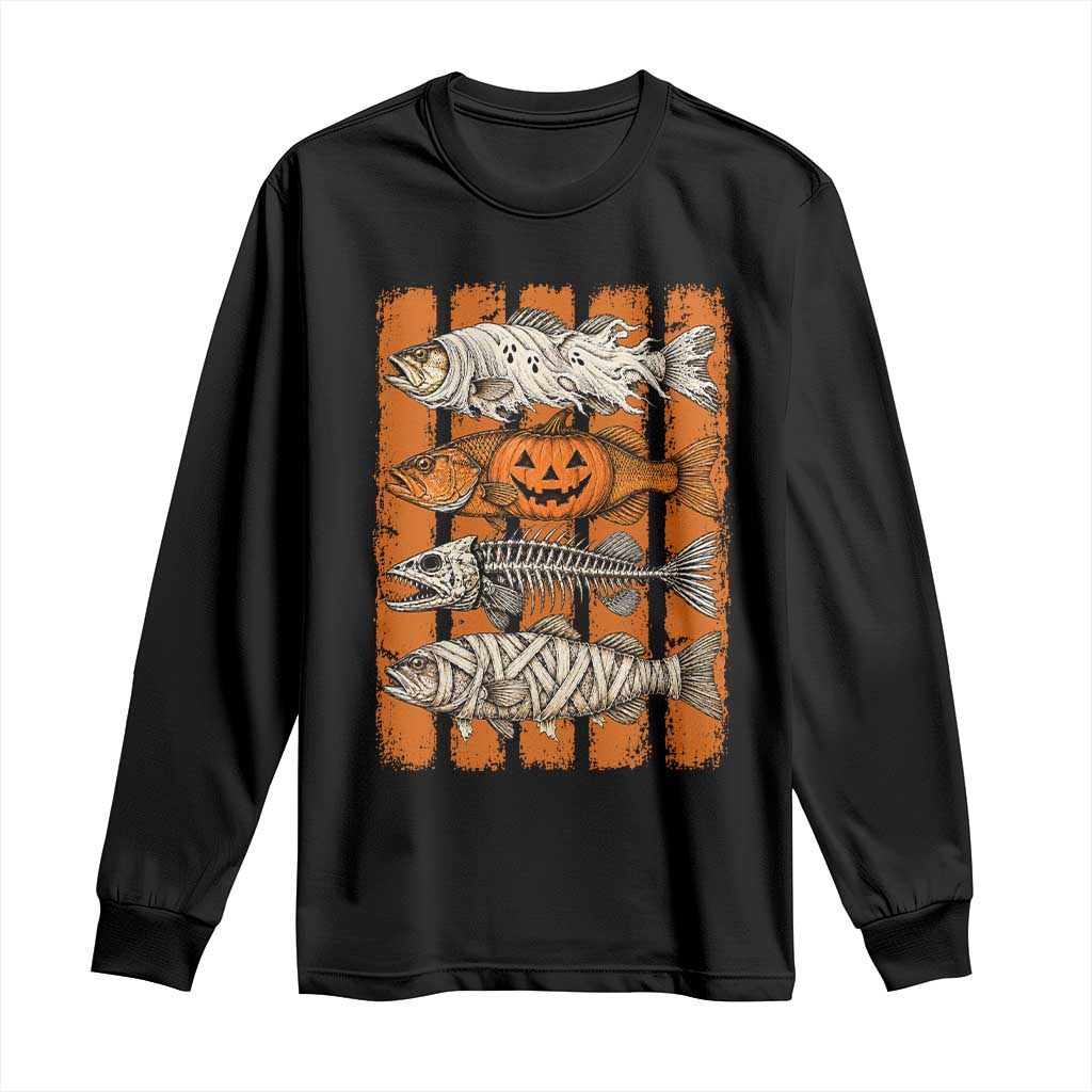 Vintage Fish Ghost Skeleton Pumpkin Mummy Preppy Aesthetic Long Sleeve Shirt Spooky Fishing Halloween Costume Fisherman Gift