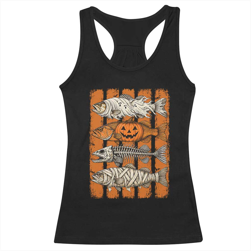 Vintage Fish Ghost Skeleton Pumpkin Mummy Preppy Aesthetic Racerback Tank Top Spooky Fishing Halloween Costume Fisherman Gift