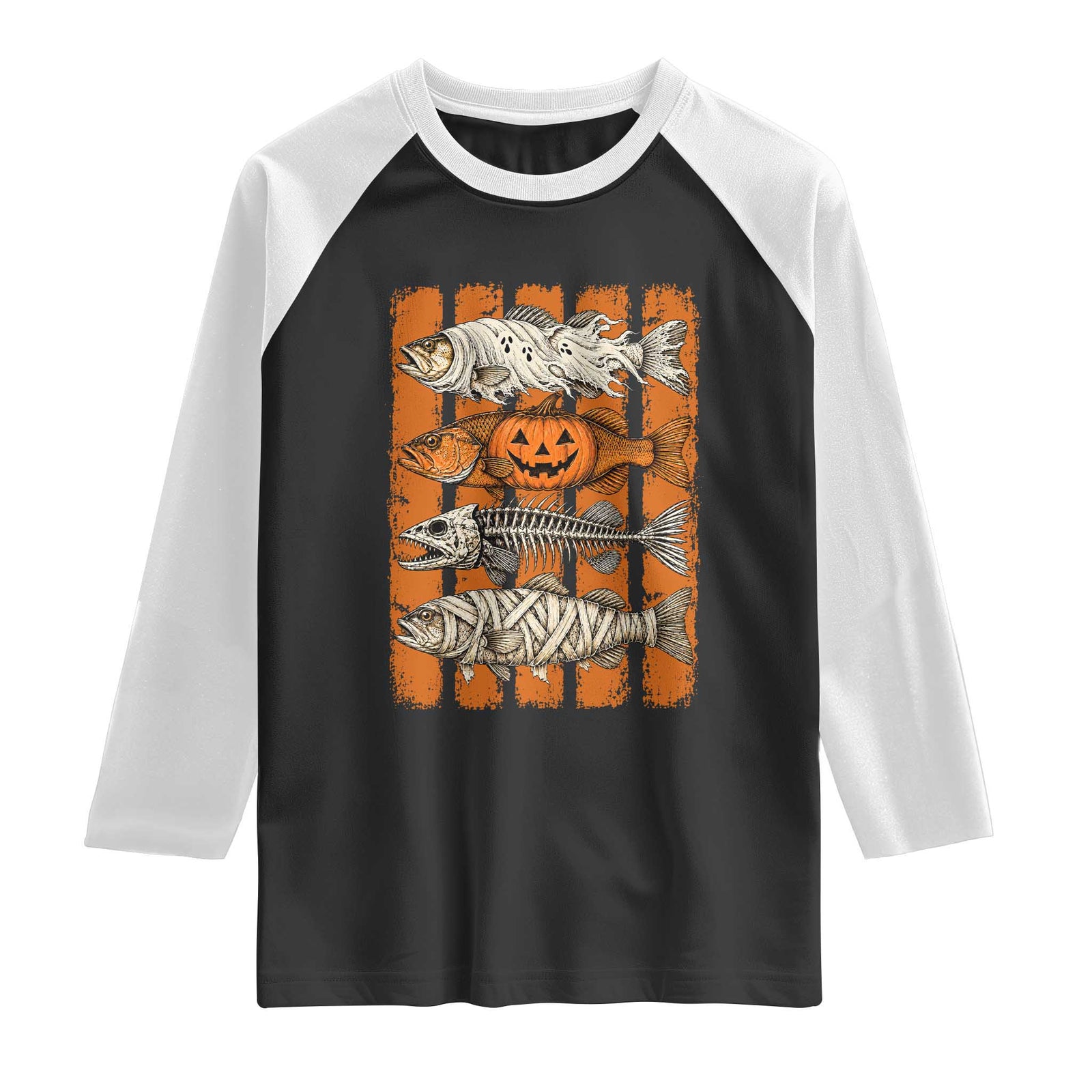 Vintage Fish Ghost Skeleton Pumpkin Mummy Preppy Aesthetic Raglan Shirt Spooky Fishing Halloween Costume Fisherman Gift