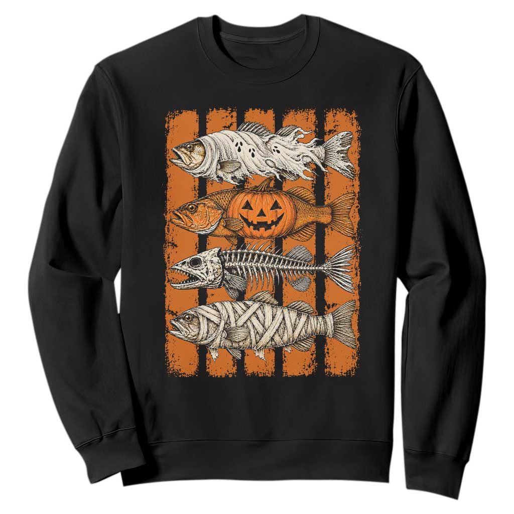 Vintage Fish Ghost Skeleton Pumpkin Mummy Preppy Aesthetic Sweatshirt Spooky Fishing Halloween Costume Fisherman Gift