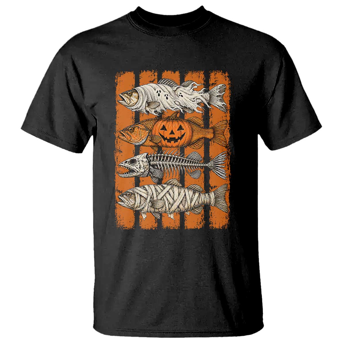 Vintage Fish Ghost Skeleton Pumpkin Mummy Preppy Aesthetic T Shirt Spooky Fishing Halloween Costume Fisherman Gift