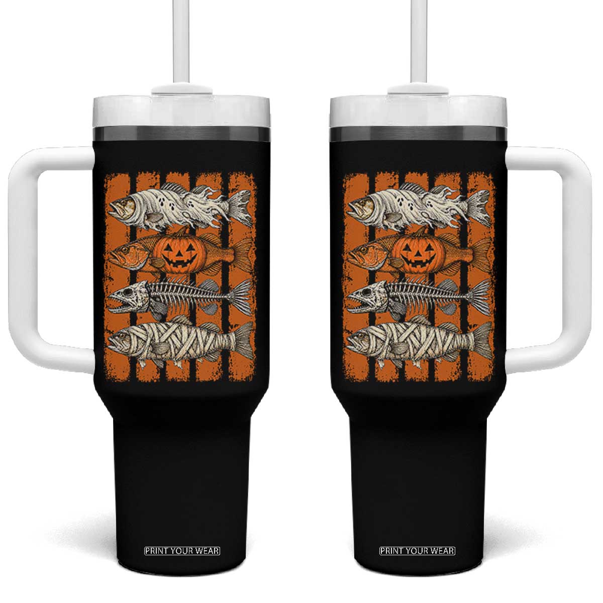 Vintage Fish Ghost Skeleton Pumpkin Mummy Preppy Aesthetic Tumbler With Handle Spooky Fishing Halloween Costume Fisherman Gift