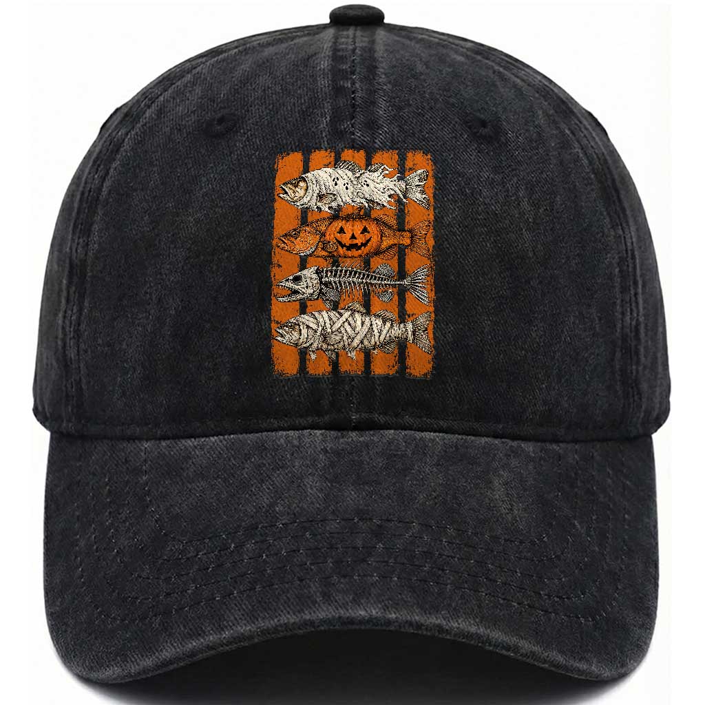 Vintage Fish Ghost Skeleton Pumpkin Mummy Preppy Aesthetic Washed Cotton Baseball Cap Spooky Fishing Halloween Costume Fisherman Gift