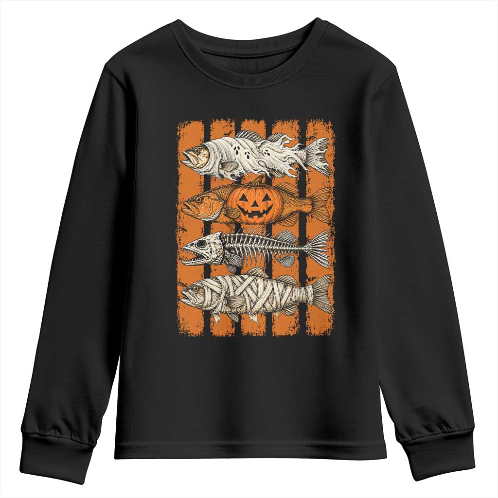Vintage Fish Ghost Skeleton Pumpkin Mummy Preppy Aesthetic Youth Sweatshirt Spooky Fishing Halloween Costume Fisherman Gift