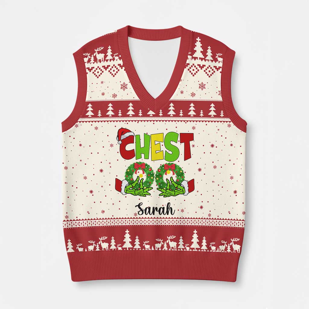 Personalized Xmas Matching Couple V-Neck Knit Sweater Vest Custom Name Chestnuts Xmas Funny Chest TS02 Beige Red Print Your Wear