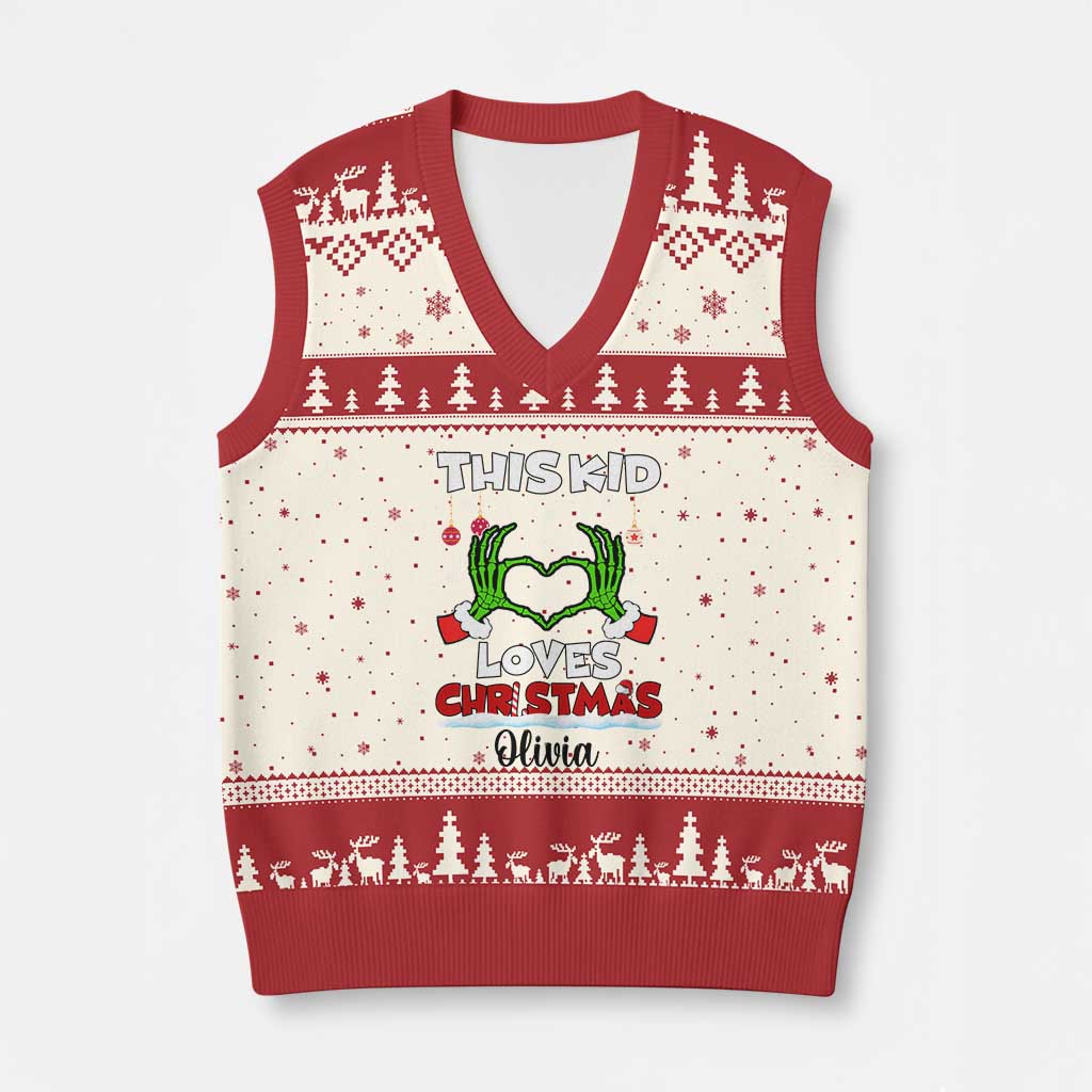 Personalized Funny Xmas Lover V-Neck Knit Sweater Vest Custom Kids Name Skeleton Hand Heart TS02 Beige Red Print Your Wear