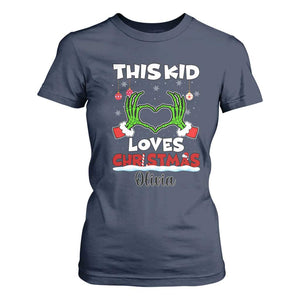 Personalized Funny Christmas Lover T Shirt For Women Custom Kids Name Skeleton Hand Heart TS02 Navy Print Your Wear