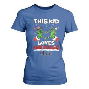 Personalized Funny Christmas Lover T Shirt For Women Custom Kids Name Skeleton Hand Heart TS02 Royal Blue Print Your Wear