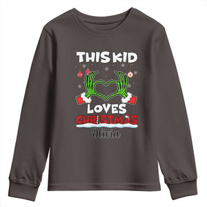 Personalized Funny Christmas Lover Youth Sweatshirt Custom Kids Name Skeleton Hand Heart TS02 Dark Chocolate Print Your Wear