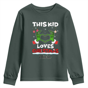 Personalized Funny Christmas Lover Youth Sweatshirt Custom Kids Name Skeleton Hand Heart TS02 Dark Forest Green Print Your Wear