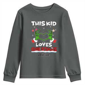 Personalized Funny Christmas Lover Youth Sweatshirt Custom Kids Name Skeleton Hand Heart TS02 Dark Heather Print Your Wear