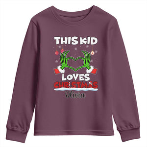 Personalized Funny Christmas Lover Youth Sweatshirt Custom Kids Name Skeleton Hand Heart TS02 Maroon Print Your Wear