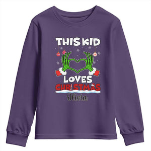 Personalized Funny Christmas Lover Youth Sweatshirt Custom Kids Name Skeleton Hand Heart TS02 Purple Print Your Wear