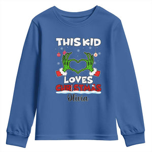 Personalized Funny Christmas Lover Youth Sweatshirt Custom Kids Name Skeleton Hand Heart TS02 Royal Blue Print Your Wear