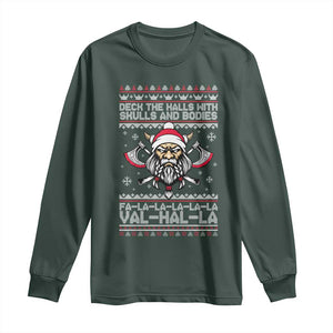 Deck The Halls With Skulls and Bodies Long Sleeve Shirt Viking Christmas Fa La La Valhalla TS02 Dark Forest Green Print Your Wear
