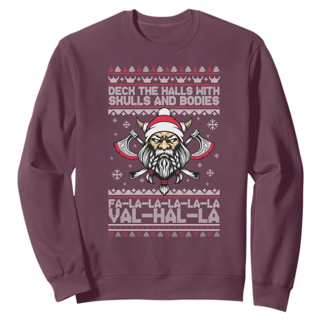 Deck The Halls With Skulls and Bodies Sweatshirt Viking Christmas Fa La La Valhalla TS02 Maroon Print Your Wear
