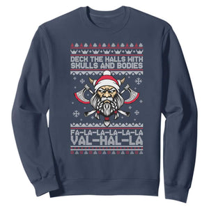 Deck The Halls With Skulls and Bodies Sweatshirt Viking Christmas Fa La La Valhalla TS02 Navy Print Your Wear