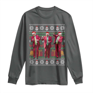 Funny Christmas Trump Dancing Long Sleeve Shirt 47th President Viral Dances Xmas Ugly Sweater TS02 Dark Heather Print Your Wear