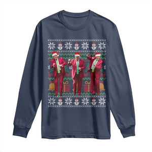 Funny Christmas Trump Dancing Long Sleeve Shirt 47th President Viral Dances Xmas Ugly Sweater TS02 Navy Print Your Wear