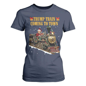 Christmas Trump T Shirt For Women Trump Train Is Coming To Town TS02 Navy Print Your Wear