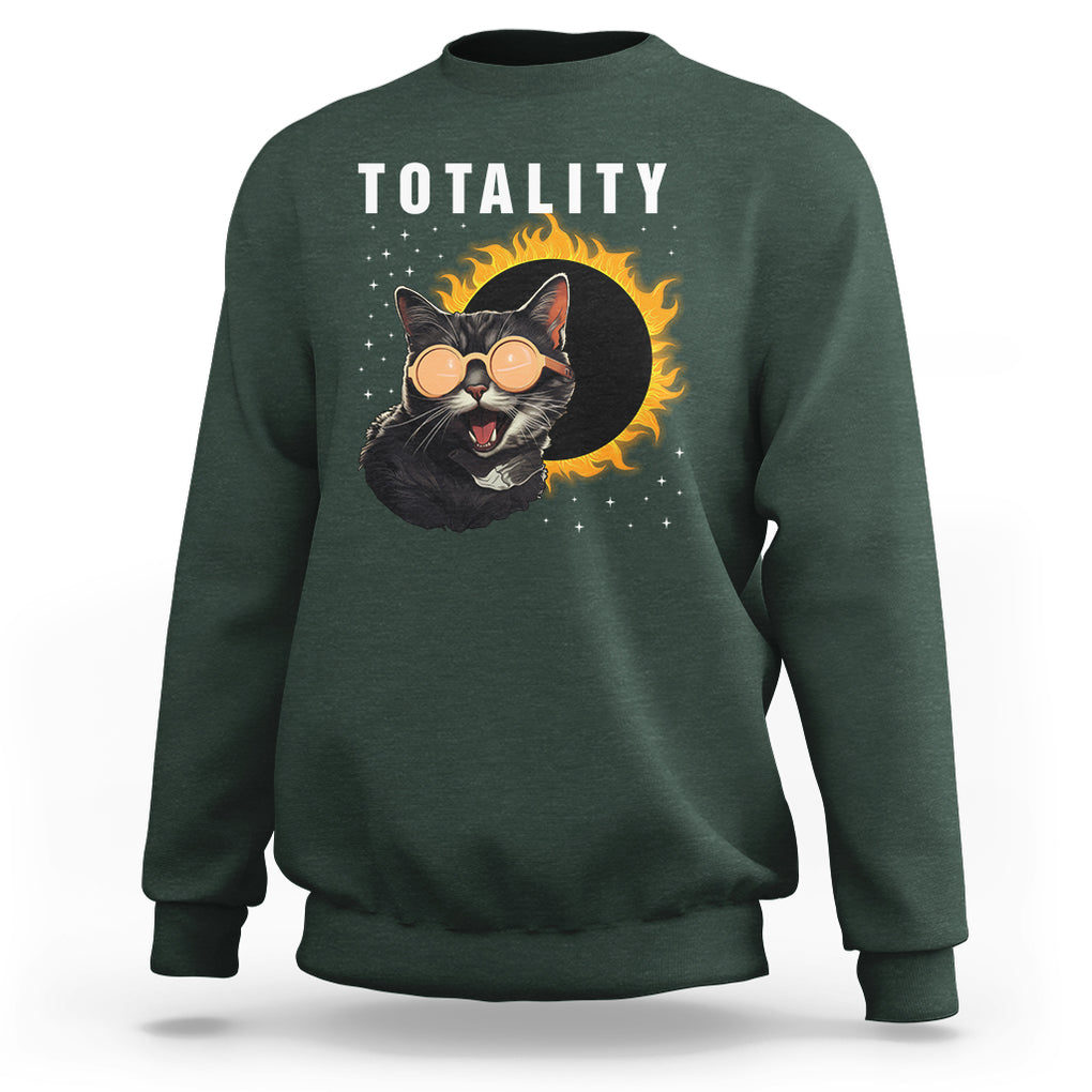 Total Solar Eclipse Sweatshirt Funny Cat Totality TS02 Dark Forest Green Printyourwear